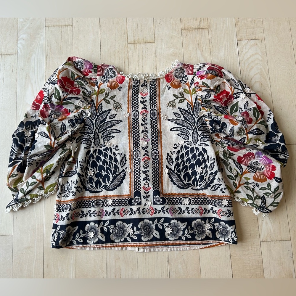 FARM Rio Romantic Garden Blouse 100% Cotton Tan w/Tropical Floral Print Sz Small - Picture 14 of 14